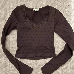 Altar'd State Chocolate Brown Lace-Trim Scoop Neck Long Sleeve Top